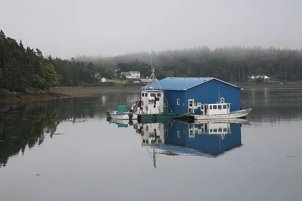 Floating dock, on a foggy day, at Welshpool on Campobello Island in New Brunswick