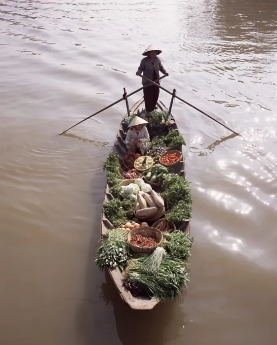 Framed Print : Floating market trader and boat laden with vegetables Framed Print : Floating market trader and boat laden with vegetables