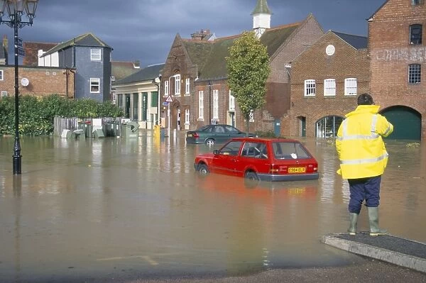 Flooded car park in town centre in October 2000, Lewes, East Sussex, England