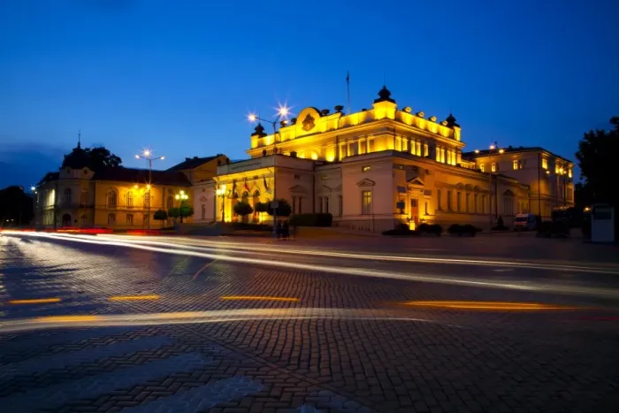 Framed Print : Floodlit National Assembly Building, Ploshtad National Assembly Square