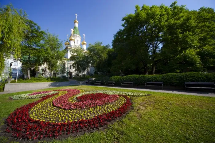 Framed Print : Flower bed in gardens with Church of St. Nicholas the Miracle Maker (The Russian Church) Framed Print : Flower bed in gardens with Church of St. Nicholas the Miracle Maker (The Russian Church)