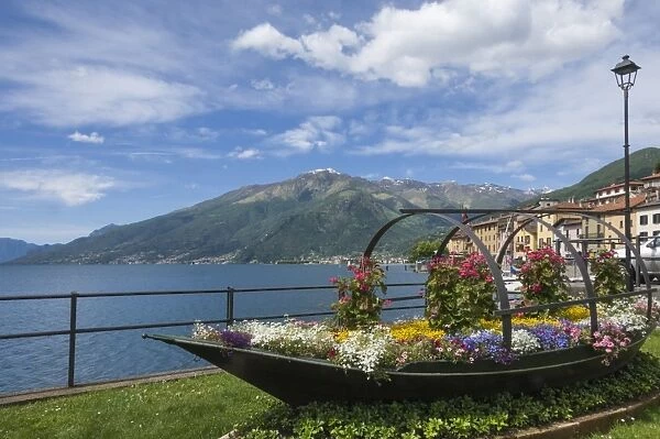 Flower boat, Domaso, Lake Como, Italian Lakes, Lombardy, Italy, Europe