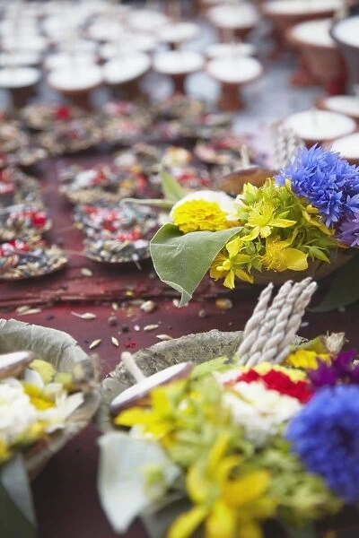 Flower offerings at Durbar Square, Kathmandu, Nepal, Asia