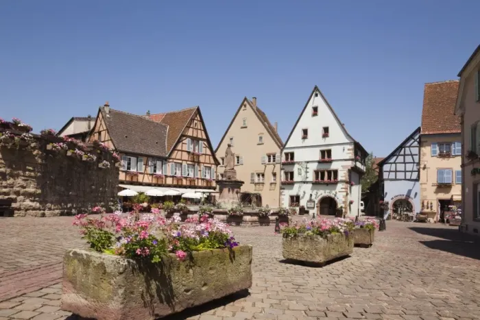 Framed Print : Flower tubs in Place du Chateau square in medieval village on the wine route