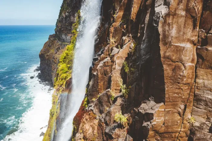 Framed Print : Flowing water of Bridal Veil Fall jumping from rocks, Seixal, Madeira island, Portugal Framed Print : Flowing water of Bridal Veil Fall jumping from rocks, Seixal, Madeira island, Portugal