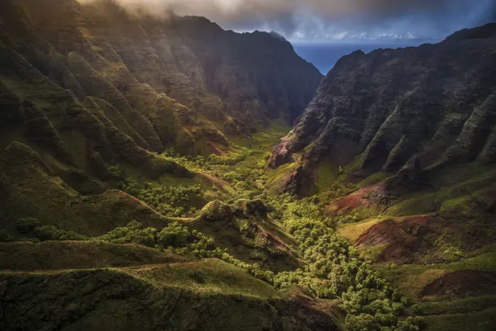 Framed Print : Flying through Nu alolo Valley via helicopter in the evening on the NaPali Coastline Framed Print : Flying through Nu alolo Valley via helicopter in the evening on the NaPali Coastline