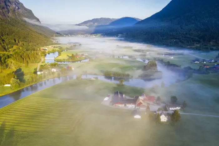 Framed Print : Fog over farms and fields along Stryneelva river, aerial view, Stryn, Nordfjorden Framed Print : Fog over farms and fields along Stryneelva river, aerial view, Stryn, Nordfjorden