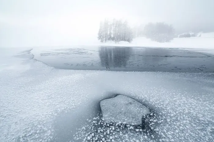 Framed Print : Foggy sky over the frozen Lake Champfer in winter, Engadine, Canton of Graubunden, Switzerland, Europe