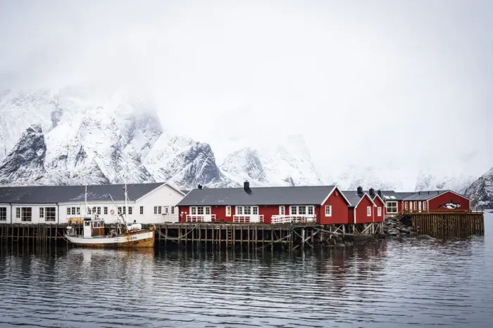 Framed Print : Foggy sky over snowcapped mountains and traditional Rorbu cabins by the sea, Hamnoy, Nordland county, Lofoten Islands, Norway, Scandinavia, Europe Framed Print : Foggy sky over snowcapped mountains and traditional Rorbu cabins by the sea, Hamnoy, Nordland county, Lofoten Islands, Norway, Scandinavia, Europe