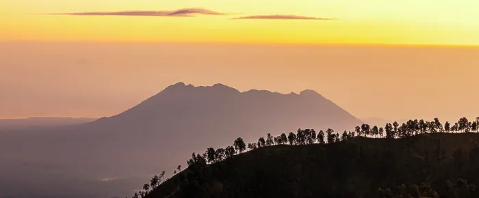 Framed Print : Foggy sunrise over silhouettes of trees on top of a mountain with volcano on background, Banyuwangi, East Java, Indonesia Framed Print : Foggy sunrise over silhouettes of trees on top of a mountain with volcano on background, Banyuwangi, East Java, Indonesia