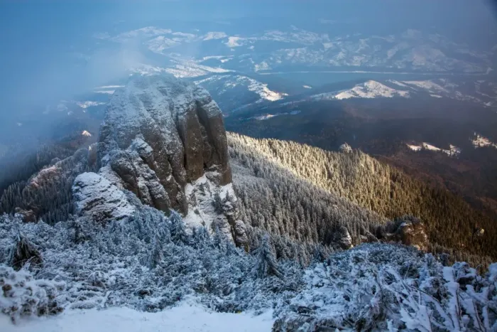 Framed Print : Foggy winter landscape in Ceahlaul Massif, Romania, Europe