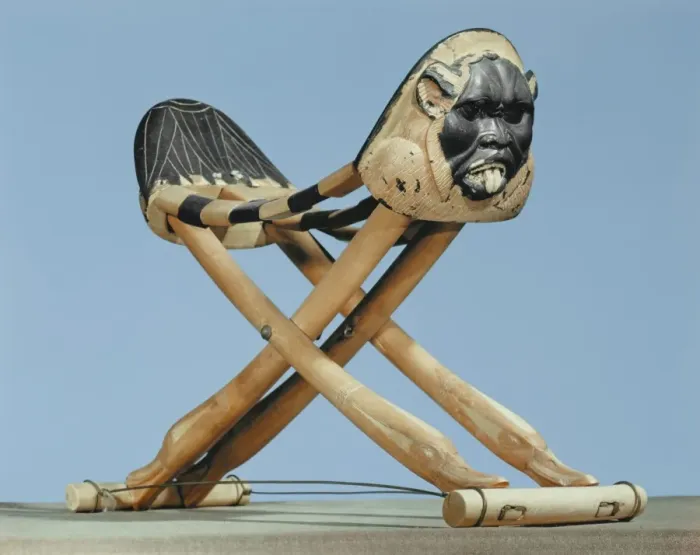Framed Print : Folding headrest in painted ivory decorated with the head of the protective spirit Bes Framed Print : Folding headrest in painted ivory decorated with the head of the protective spirit Bes