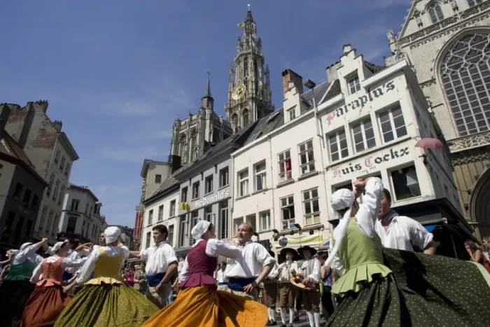 Framed Print : Folk dance in old town, Antwerp, Belgium, Europe Framed Print : Folk dance in old town, Antwerp, Belgium, Europe