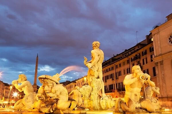 Fontana del Moro in Piazza Navona at night, Rome, Lazio, Italy, Europe
