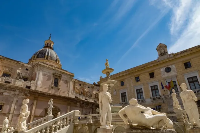 Framed Print : Fontana Pretoria in Piazza Pretoria, with the dome of Chiesa san Giuseppe ai Teatini in Palermo Framed Print : Fontana Pretoria in Piazza Pretoria, with the dome of Chiesa san Giuseppe ai Teatini in Palermo