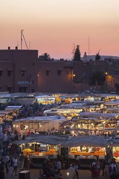 Food stalls in the Jemaa El Fna at sunset, Marrakesh, Morocco, North Africa, Africa