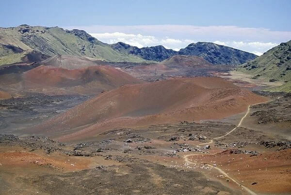 Foot trail through Haleakala volcano crater winds between