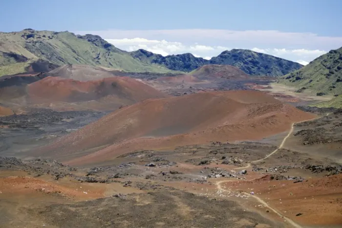 Framed Print : Foot trail through Haleakala volcano crater winds between Framed Print : Foot trail through Haleakala volcano crater winds between
