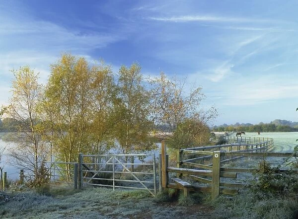 Footpath and stile near Horseshoe Lake on a frosty morning in autumn, Sandhurst