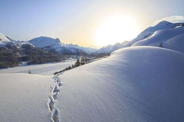 Footprints marching towards the Maloja Pass under a sun veiled by the mist on a cold winter day, Maloja, Graubunden, Switzerland, Europe