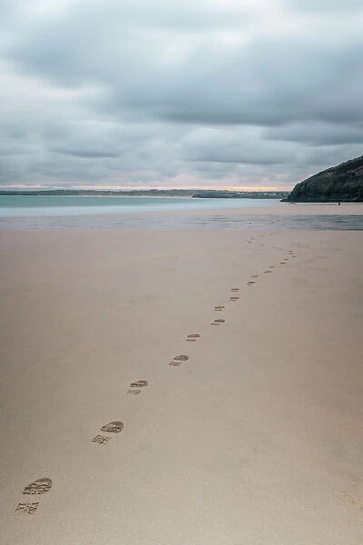 Footsteps in the sand, Carbis Bay beach, St. Ives, Cornwall, England, United Kingdom, Europe