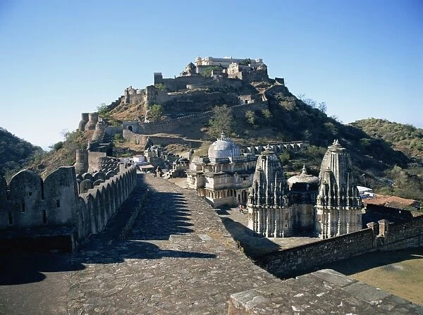 Foreground paved battlements, temples and Badal Mahal (Cloud Palace), Kumbalgarh Fort