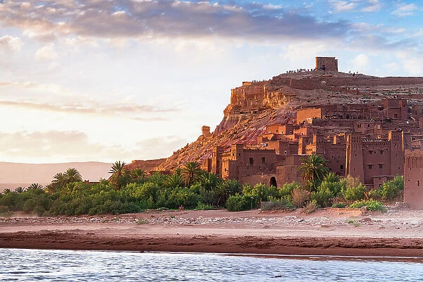 Fortified village of Ait Ben Haddou, UNESCO World Heritage Site, and desert oasis at sunset, Ouarzazate province, Morocco, North Africa, Africa