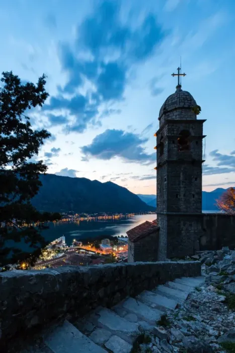 Framed Print : Part of the fortress walls and path above the old town of Kotor during the evening blue hour Framed Print : Part of the fortress walls and path above the old town of Kotor during the evening blue hour
