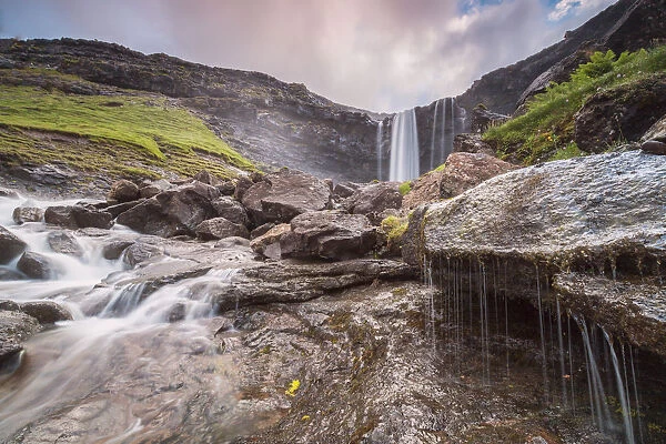 Fossa waterfall, Sunda municipality, Streymoy Island, Faroe Islands, Denmark, Europe