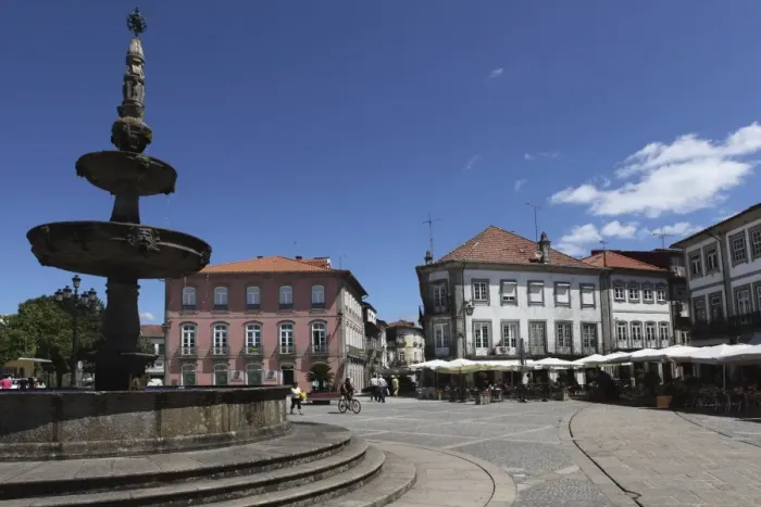 Framed Print : Fountain and cafes on the public Camoes Square (Largo de Camoes), Ponte de Lima Framed Print : Fountain and cafes on the public Camoes Square (Largo de Camoes), Ponte de Lima