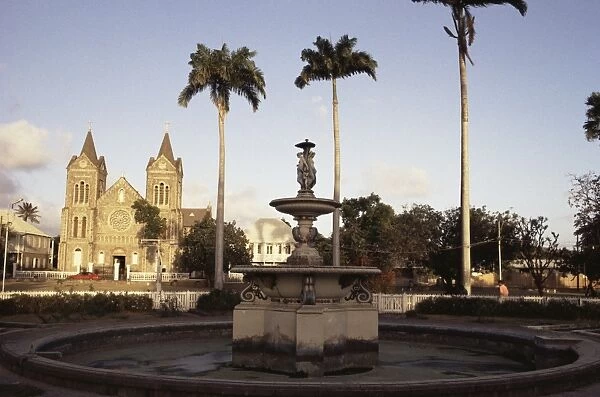 Fountain and cathedral, Independence Square, Basseterre, St