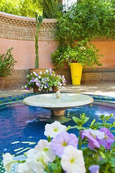 Fountain and flowers in the Majorelle Gardens (Gardens of Yves Saint-Laurent), Marrakech, Morocco, North Africa, Africa