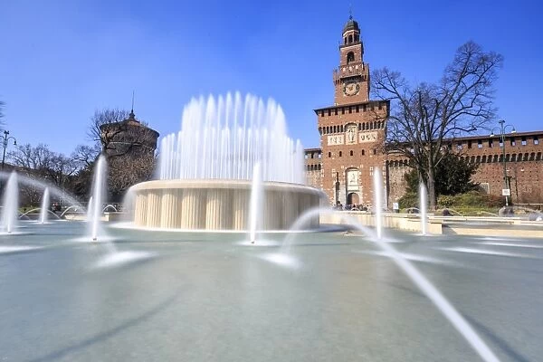 The fountain frames the ancient Sforza Castle, Milan, Lombardy, Italy, Europe