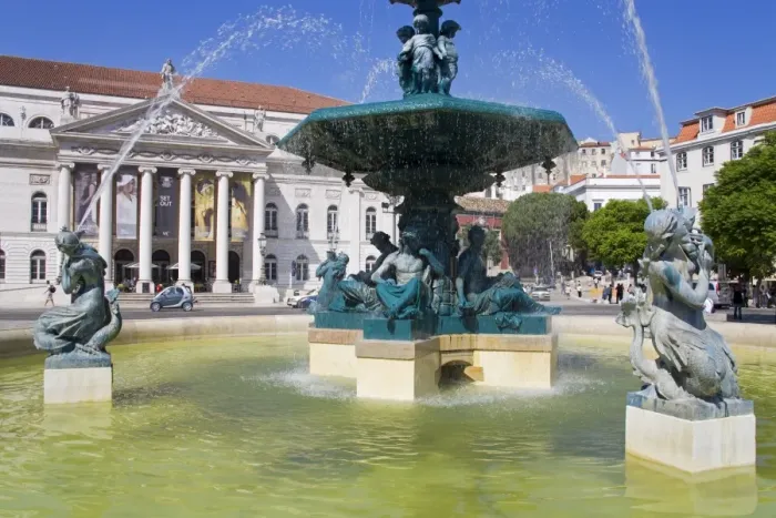 Framed Print : Fountain and National Theatre on Praca Dom Pedro, Rossio District, Lisbon Framed Print : Fountain and National Theatre on Praca Dom Pedro, Rossio District, Lisbon