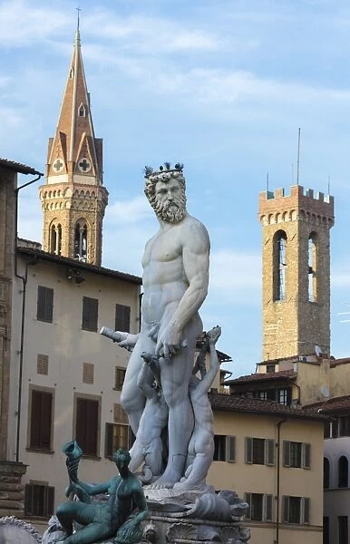 Fountain of Neptune frames the Palazzo del Bargello, Florence, UNESCO World Heritage Site