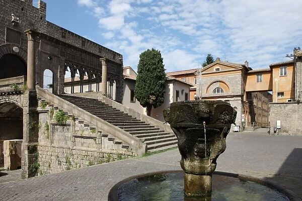 Fountain and terrace of the Popes Palace in Viterbo, Lazio, Italy, Europe