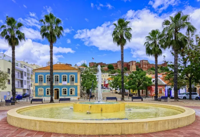 Framed Print : Fountain with a view of the Silves fortress, Algarve, Portugal, Europe Framed Print : Fountain with a view of the Silves fortress, Algarve, Portugal, Europe