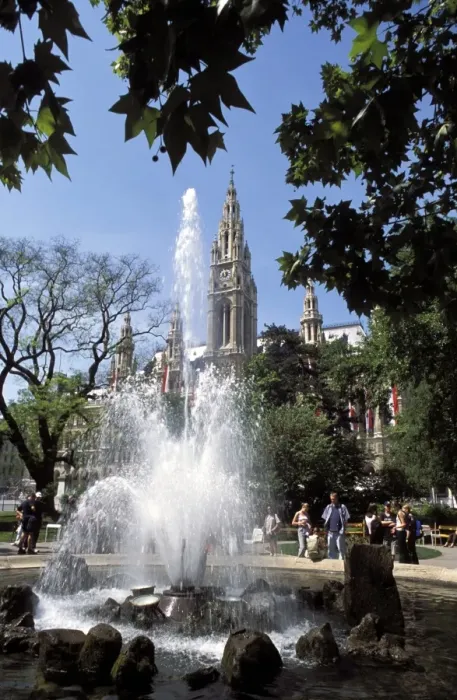 Framed Print : Fountain with water jets and Town Hall, Innere Stadt, Vienna, Austria, Europe Framed Print : Fountain with water jets and Town Hall, Innere Stadt, Vienna, Austria, Europe