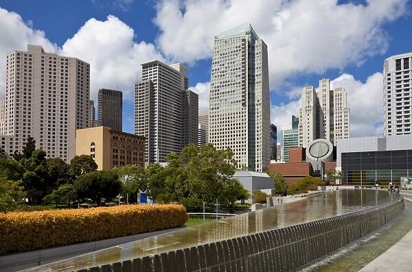 Fountains in the Yerba Buena Gardens, in the shadow of the Financial District towers