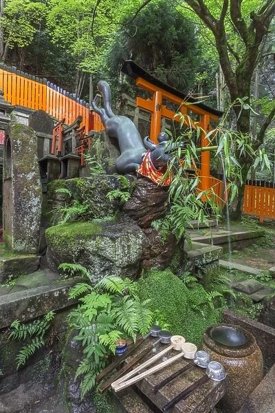 Fox water feature at a mossy Shinto shrine surrounded by thick forest in summer