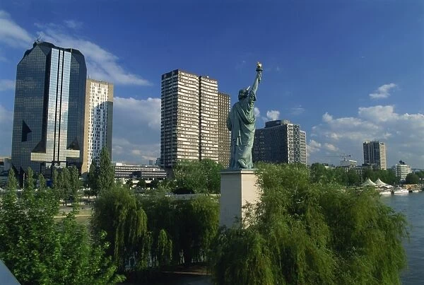Frances own Statue of Liberty, and city skyline, Port de Javel, Paris