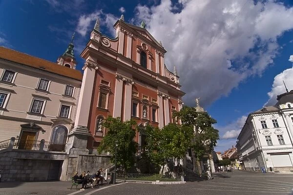 Front of Franciscan Church of the Annunciation. Ljubljana, Slovenia, Europe