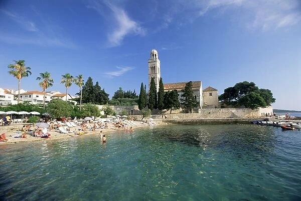 Franciscan monastery and beach, Hvar Town, Hvar Island, Dalmatia, Croatia, Europe