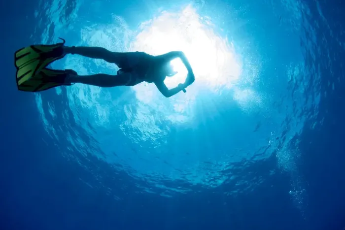 Framed Print : Free diving snorkeller and sunburst on the Great Barrier Reef, UNESCO World Heritage Site Framed Print : Free diving snorkeller and sunburst on the Great Barrier Reef, UNESCO World Heritage Site