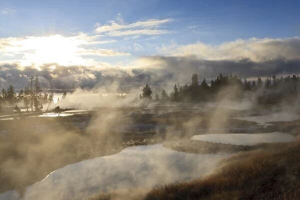 Freezing mists, dawn, West Thumb Geyser Basin, Yellowstone National Park, UNESCO World Heritage Site, Wyoming, United States of America, North America