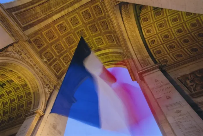 Framed Print : French flag flying at dusk, Arc de Triomphe, Paris, France, Europe Framed Print : French flag flying at dusk, Arc de Triomphe, Paris, France, Europe