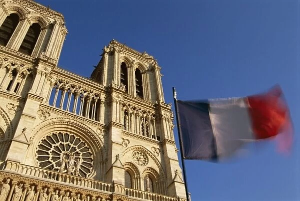 French flag and Notre Dame de Paris, Christian cathedral, Ile de la Cite