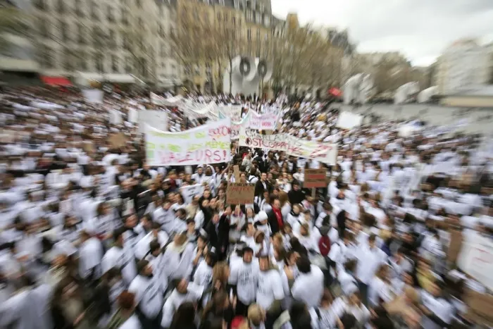 Framed Print : French osteopathy students demonstrating, Paris, France, Europe Framed Print : French osteopathy students demonstrating, Paris, France, Europe
