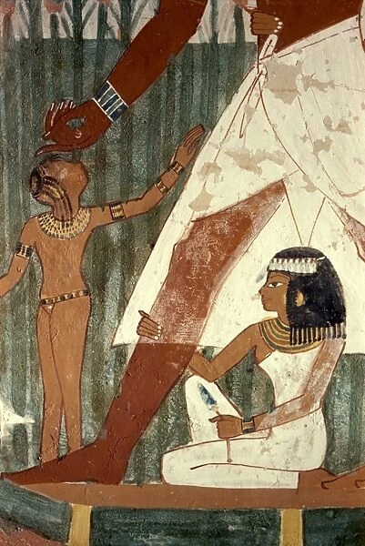 Detail of fresco depicting a duck hunt in the marshes, with the daughter of Sheikh Abd el-Kurna holding his leg on bound papyrus raft, tomb of Nakht, Tombs of the Nobles, Thebes, UNESCO World Heritage Site, Egypt, North