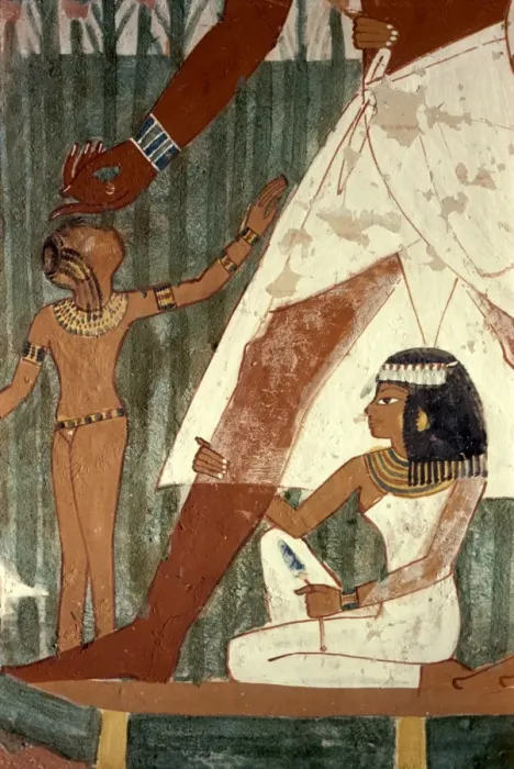 Framed Print : Detail of fresco depicting a duck hunt in the marshes, with the daughter of Sheikh Abd el-Kurna holding his leg on bound papyrus raft, tomb of Nakht, Tombs of the Nobles, Thebes, UNESCO World Heritage Site, Egypt, North Framed Print : Detail of fresco depicting a duck hunt in the marshes, with the daughter of Sheikh Abd el-Kurna holding his leg on bound papyrus raft, tomb of Nakht, Tombs of the Nobles, Thebes, UNESCO World Heritage Site, Egypt, North